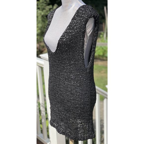 Free People Billie Black Vegan Leather Crocheted Tunic Minidress Deep Vee Sz S - Picture 4 of 10